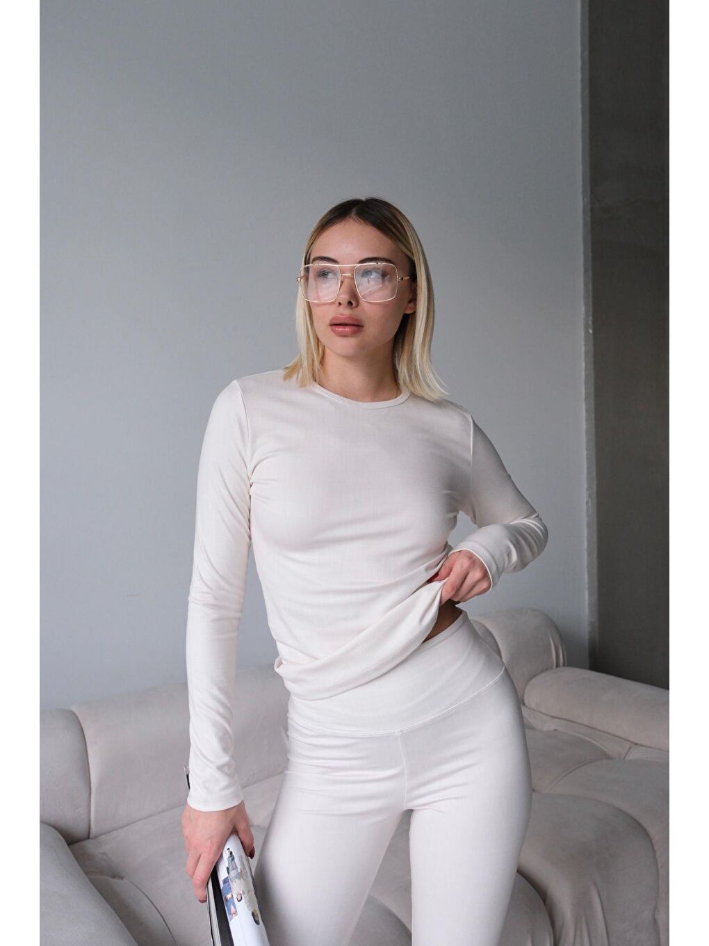 Bisiklet Yaka Soft Uzun Kol Tişört Bej