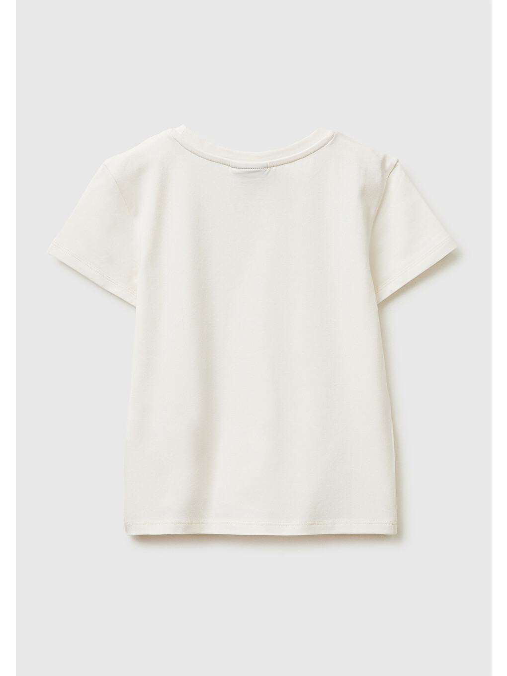 Kız Çocuk Ekru Önü Baskılı Etek Ucu Logolu Bisiklet Yaka T-Shirt-1