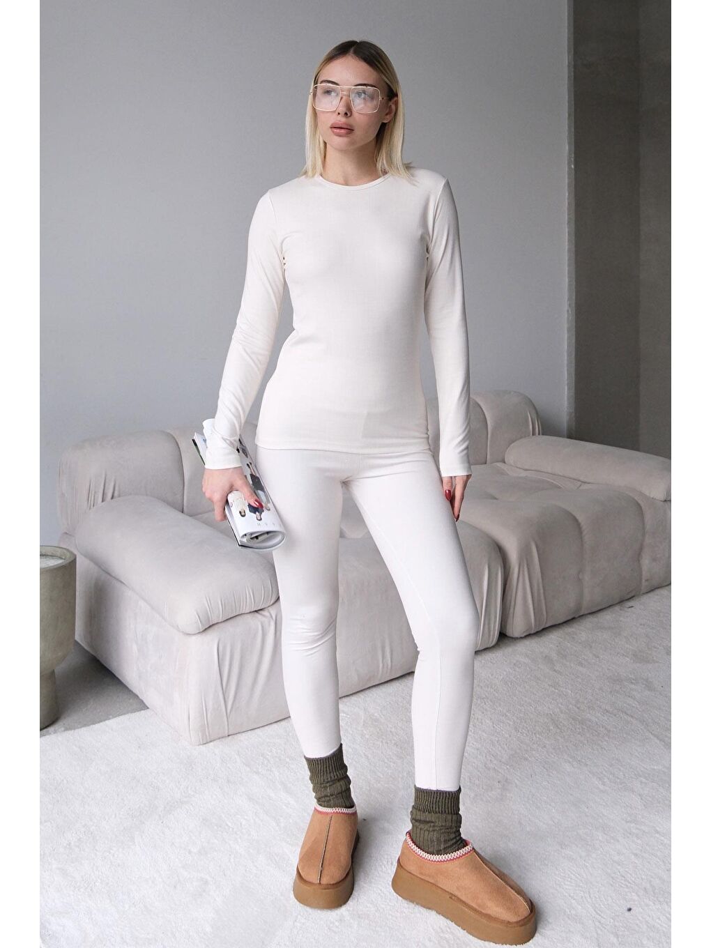 Bisiklet Yaka Soft Uzun Kol Tişört Bej-2