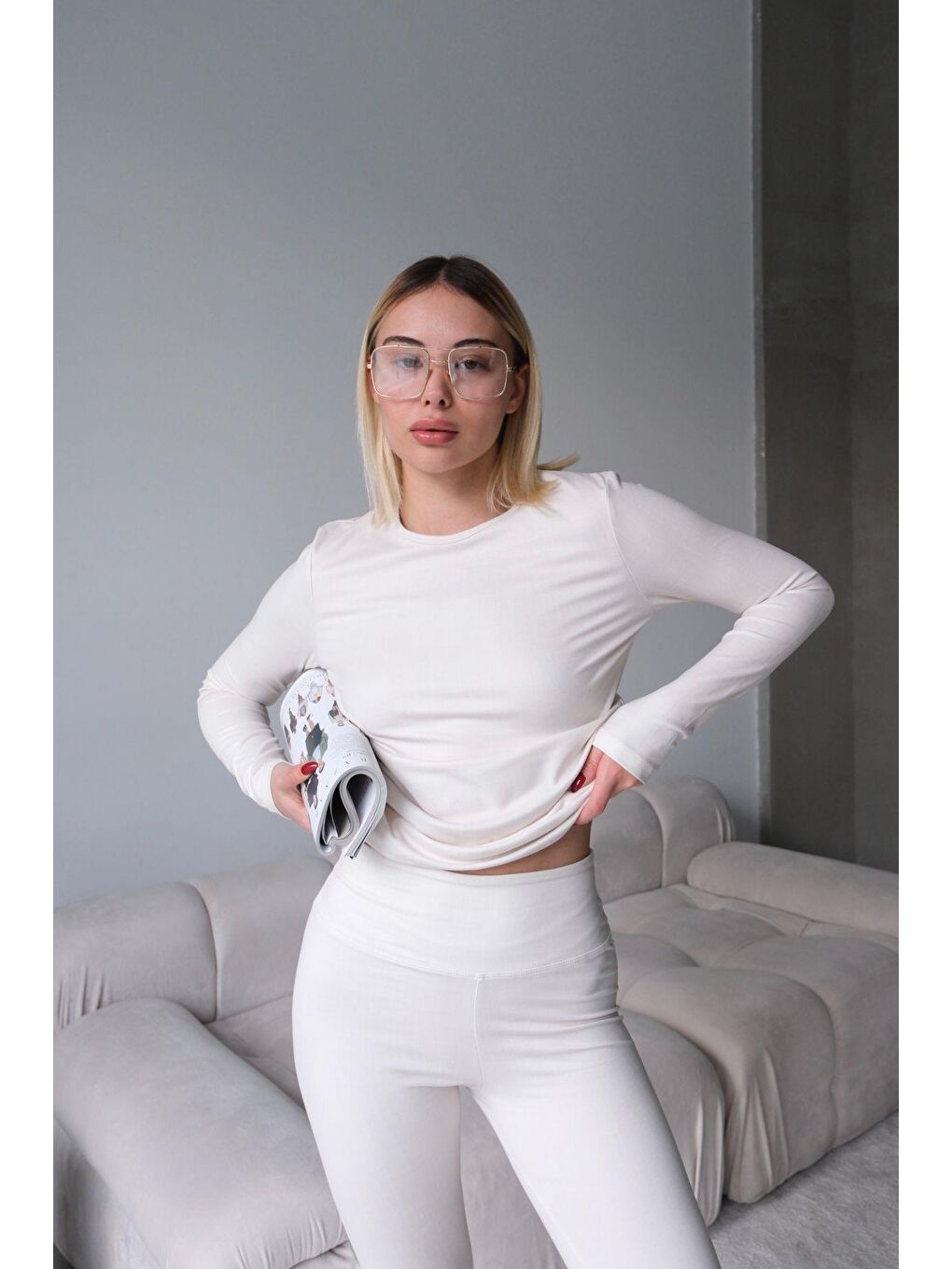 Bisiklet Yaka Soft Uzun Kol Tişört Bej-3