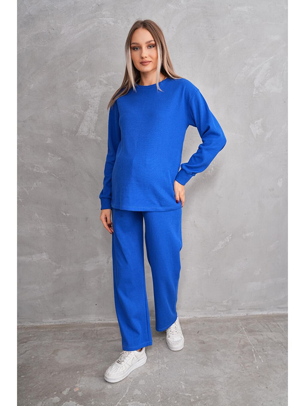 Mavi Saks Hamile ve Lohusa Bisiklet Yaka Waffle Kumaş Alt Üst Eşofman Takımı
