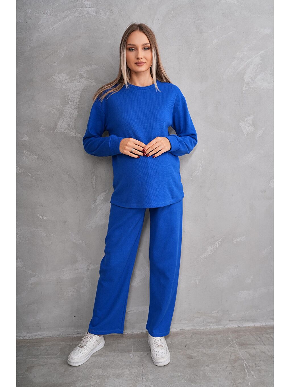 Mavi Saks Hamile ve Lohusa Bisiklet Yaka Waffle Kumaş Alt Üst Eşofman Takımı-1