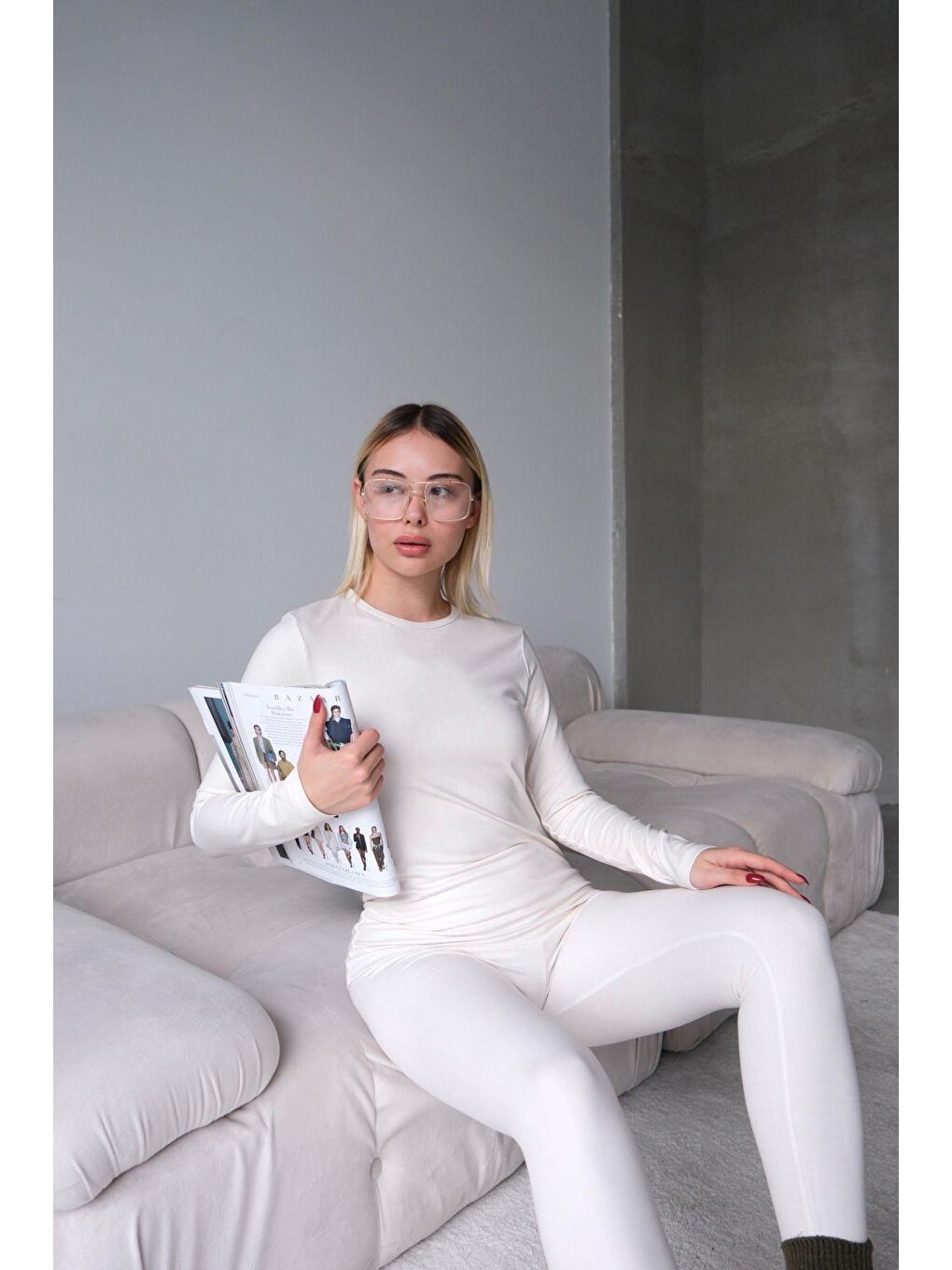 Bisiklet Yaka Soft Uzun Kol Tişört Bej-5