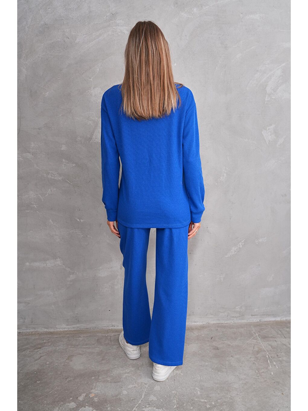 Mavi Saks Hamile ve Lohusa Bisiklet Yaka Waffle Kumaş Alt Üst Eşofman Takımı-2