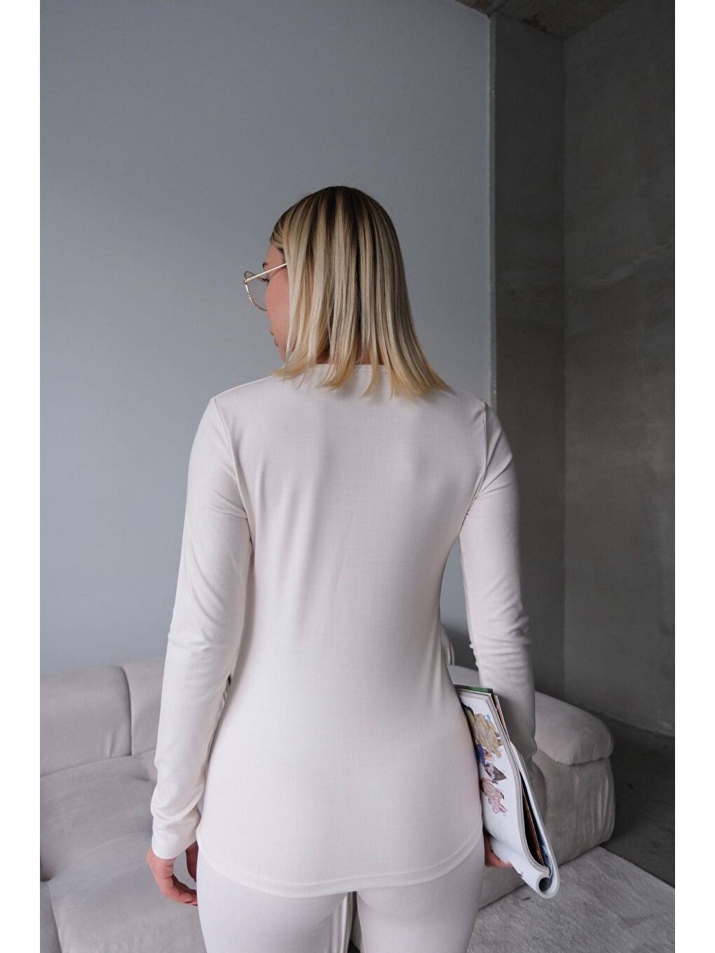 Bisiklet Yaka Soft Uzun Kol Tişört Bej-6