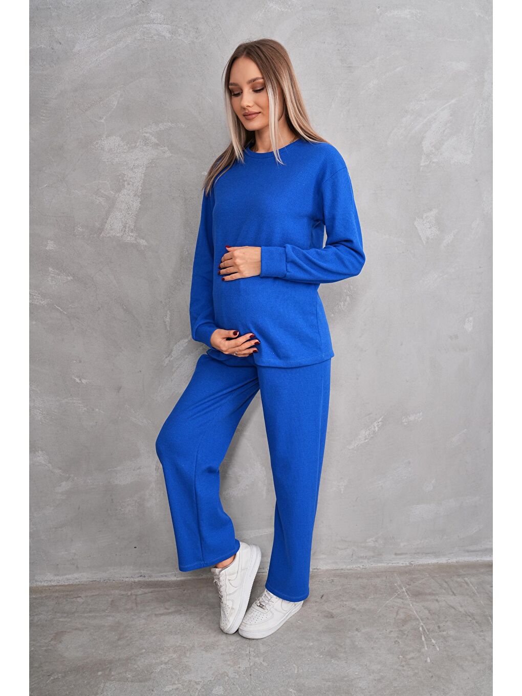 Mavi Saks Hamile ve Lohusa Bisiklet Yaka Waffle Kumaş Alt Üst Eşofman Takımı-3