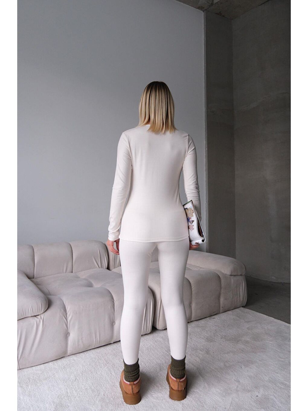 Bisiklet Yaka Soft Uzun Kol Tişört Bej-7