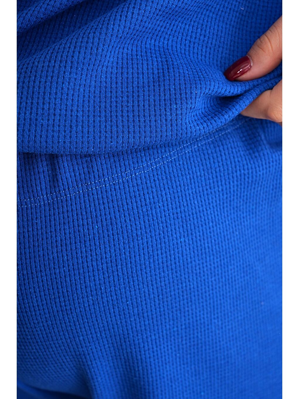 Mavi Saks Hamile ve Lohusa Bisiklet Yaka Waffle Kumaş Alt Üst Eşofman Takımı-4