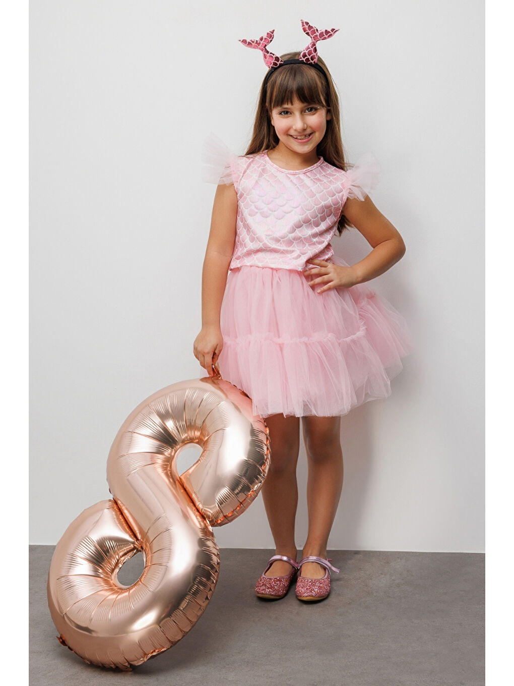 Pembe Deniz Kızı Desenli Tül Detaylı Crop Etek Takım - Tammy-1