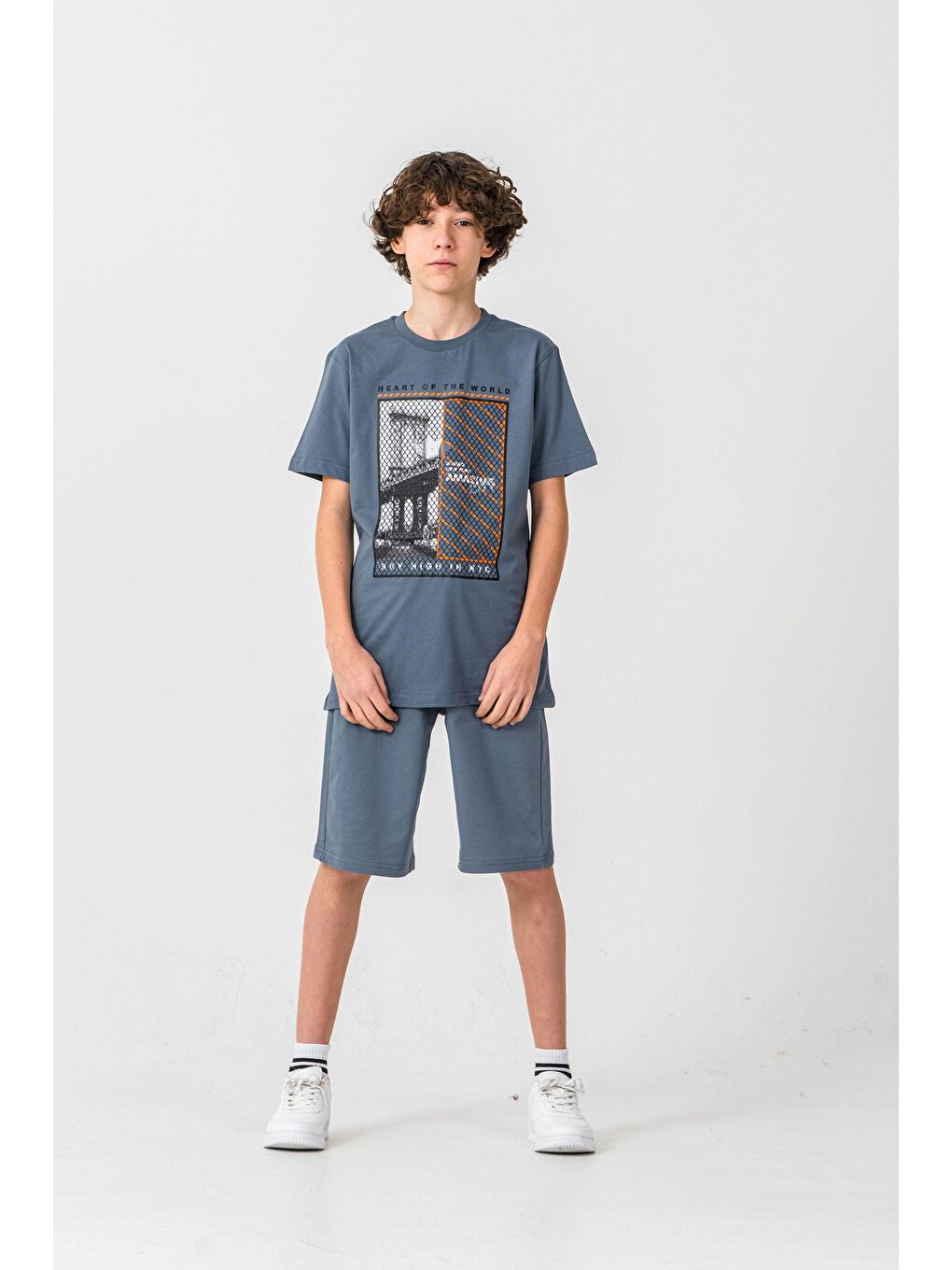 Gri Heart Of The World Baskılı Cep Altı New York Amazing City Baskılı Erkek Çocuk Şort - Tişört Takımı