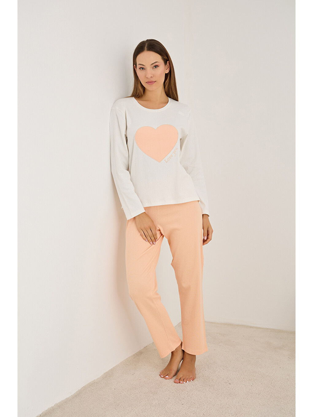 Pembe Somon Kalp Nakışlı Pamuklu Fitilli Kaşkorse Örme Pijama Takım25226013-1
