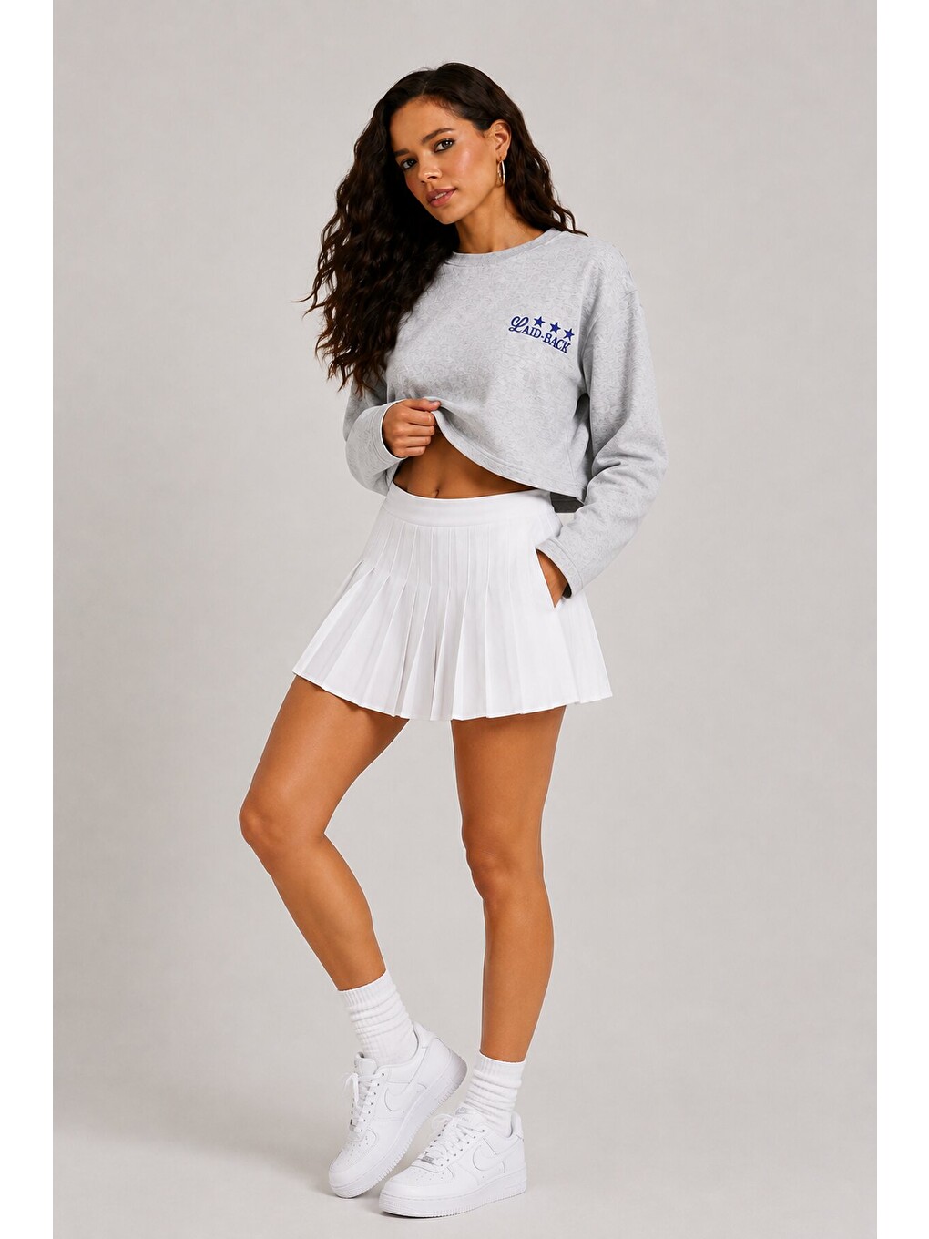 Yıldız Baskılı Crop Sweatshirt - Gri