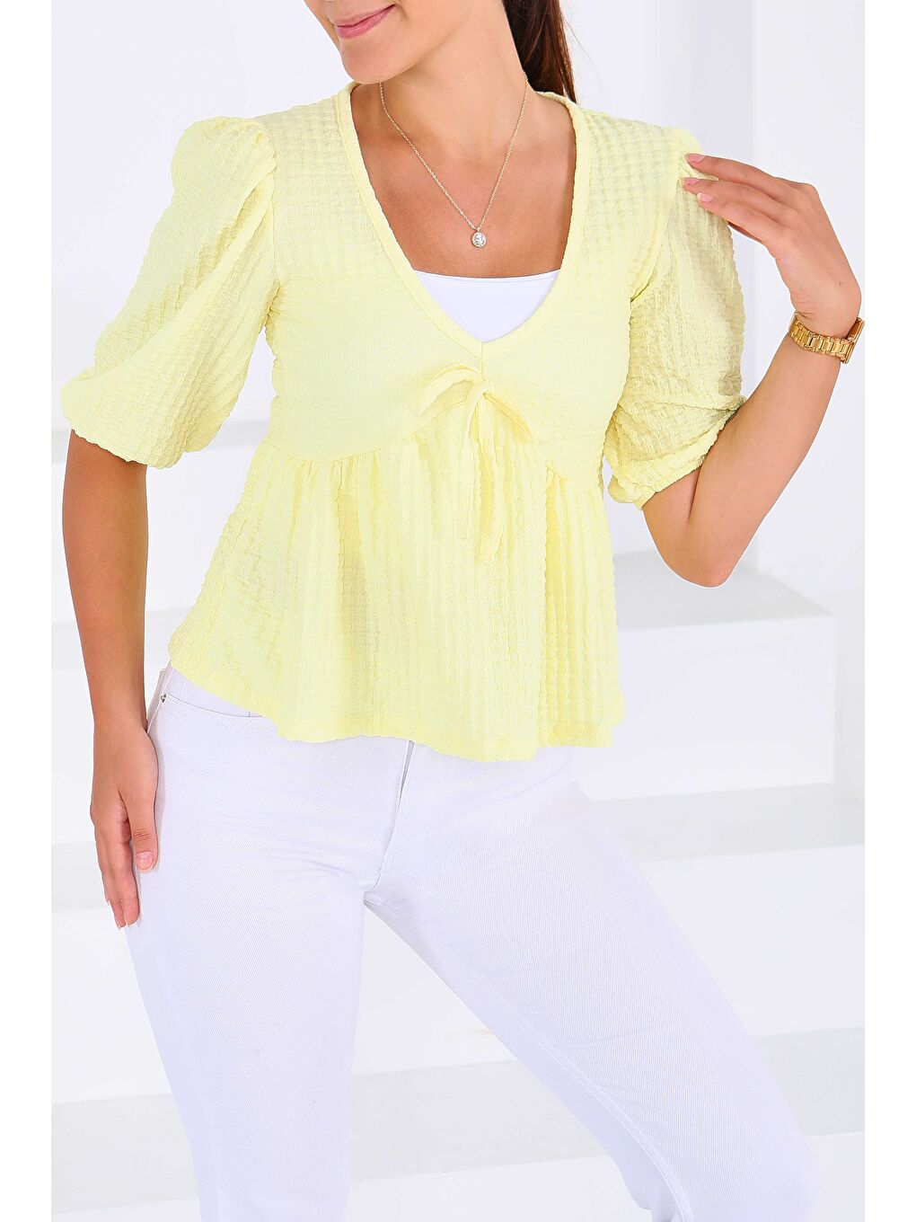 Sarı Buffle Kısa Kollu Bluz Sari - 27538-1