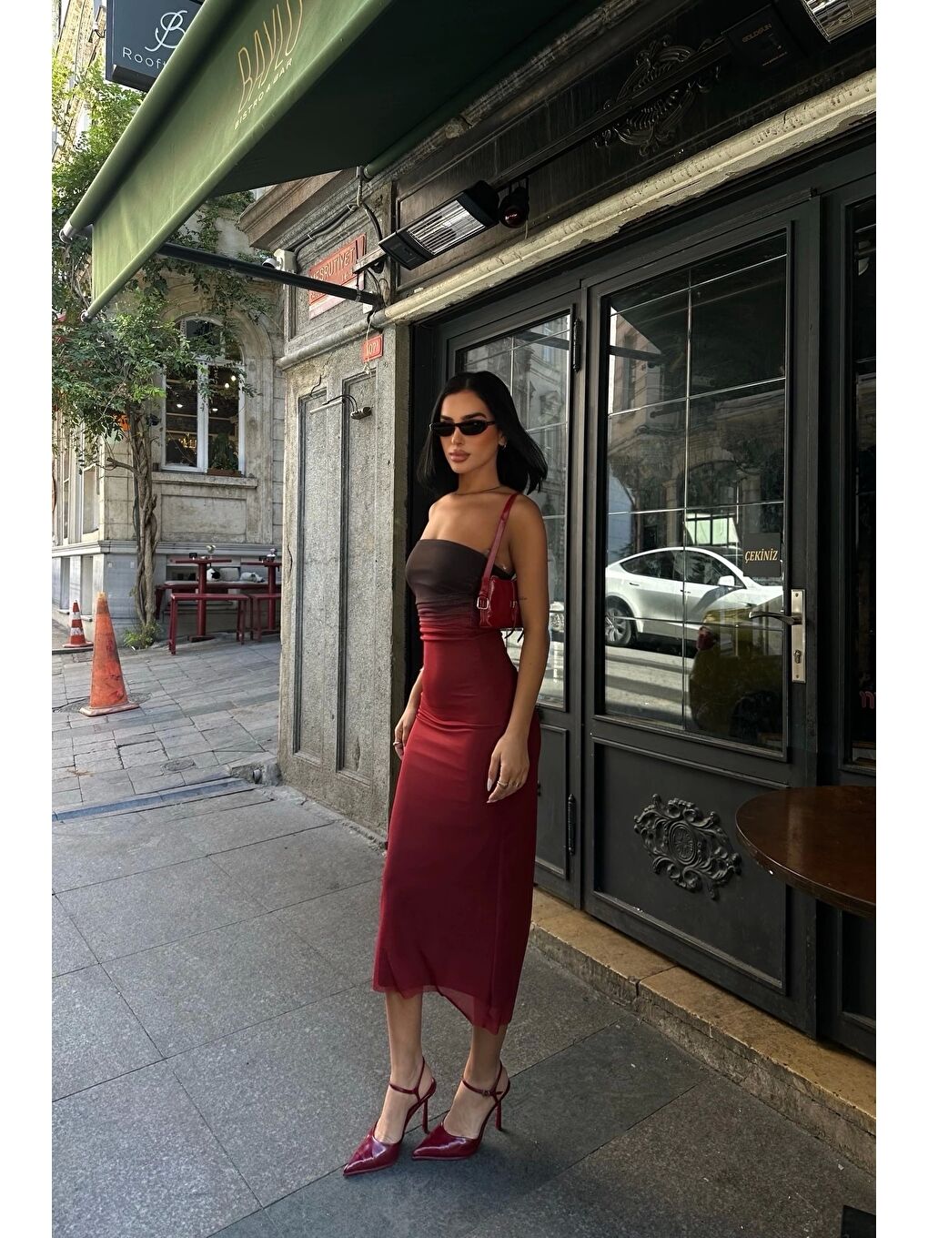 Kadın Bordo Straplez Batik Elbise 1026-0033-5