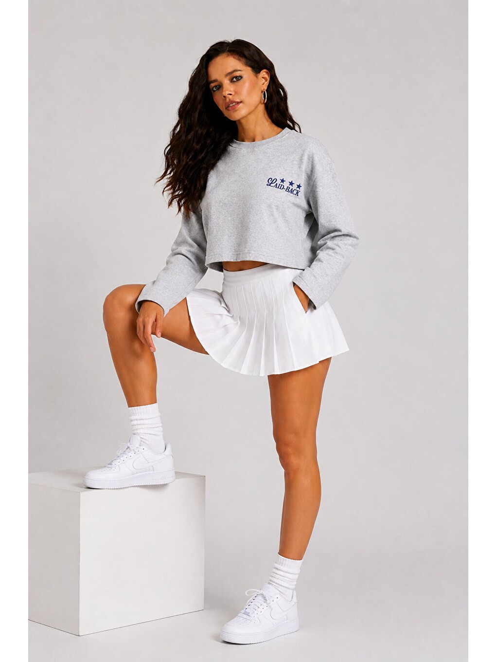 Yıldız Baskılı Crop Sweatshirt - Gri-1