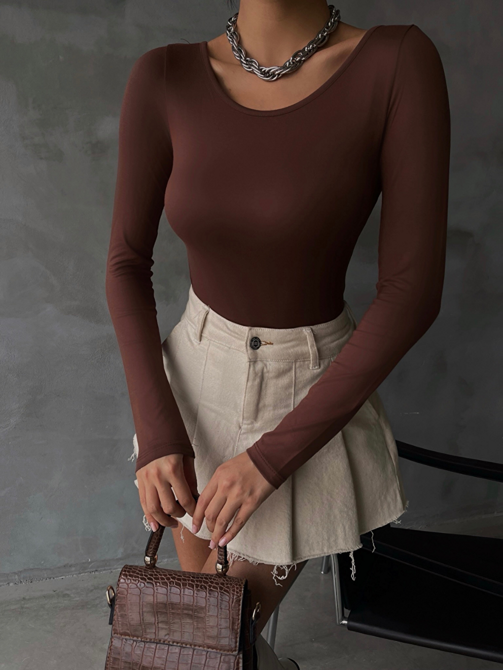 Kahverengi Kadın Acı Kahve Prenses Yaka Bluz-3