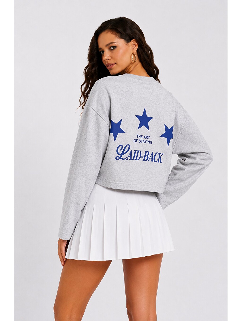Yıldız Baskılı Crop Sweatshirt - Gri-3