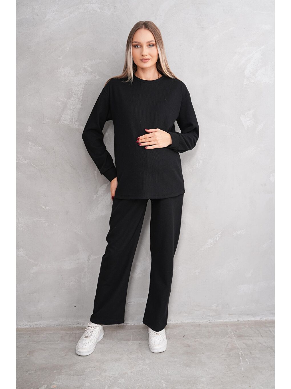 Siyah Hamile ve Lohusa Bisiklet Yaka Waffle Kumaş Alt Üst Eşofman Takımı