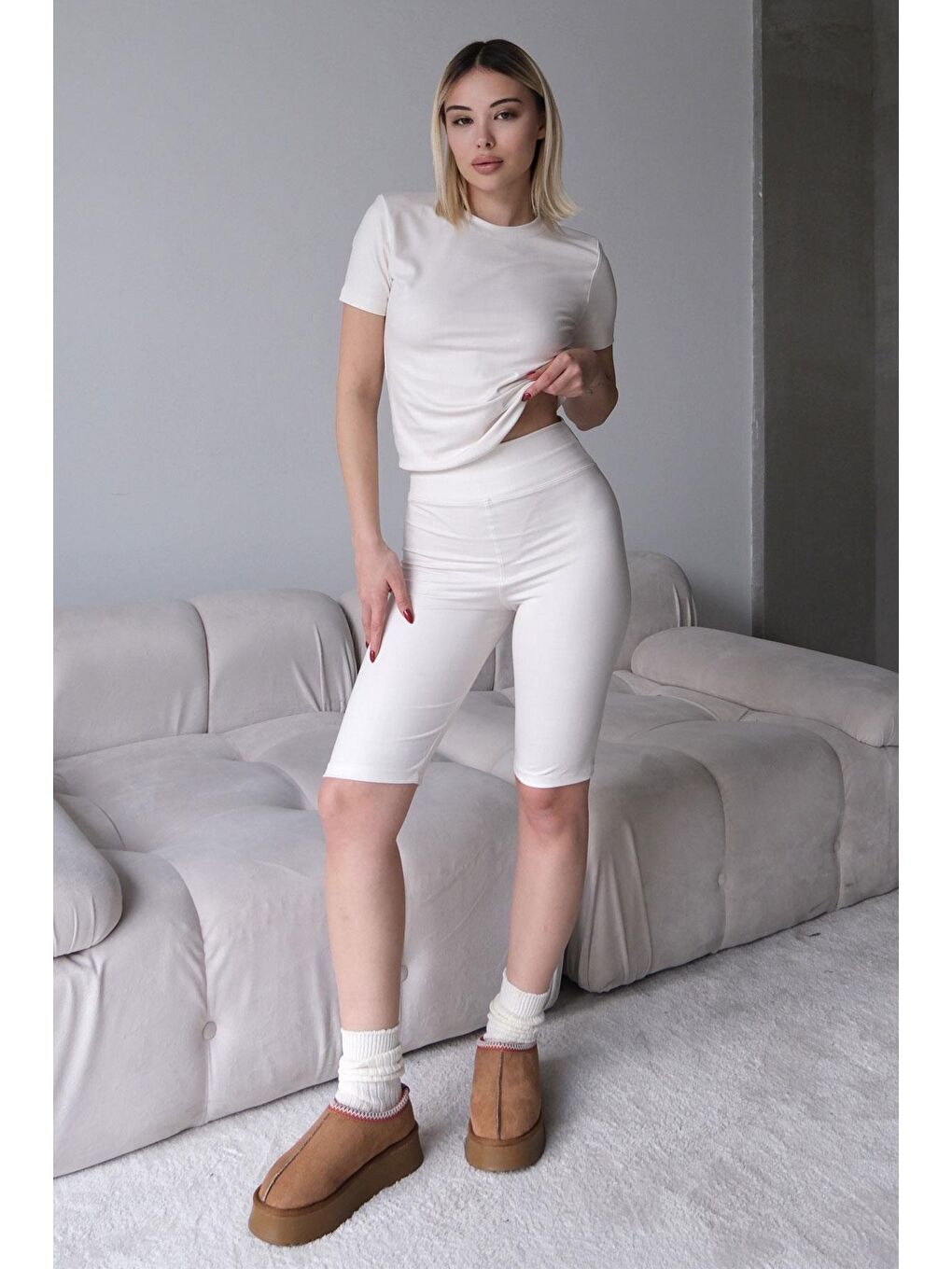Yüksek Bel Soft Şort Bej