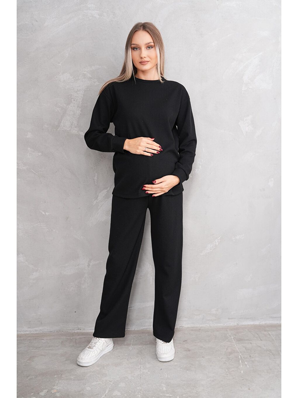 Siyah Hamile ve Lohusa Bisiklet Yaka Waffle Kumaş Alt Üst Eşofman Takımı-1