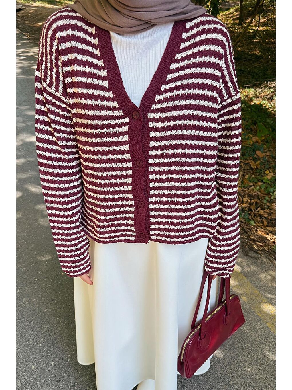 İnce Çizgili Triko Hırka Bordo-2