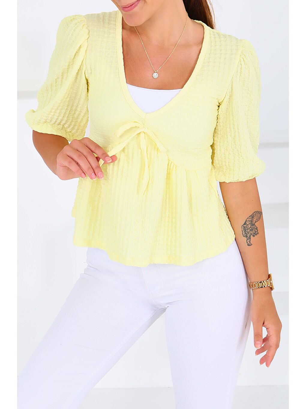 Sarı Buffle Kısa Kollu Bluz Sari - 27538-2