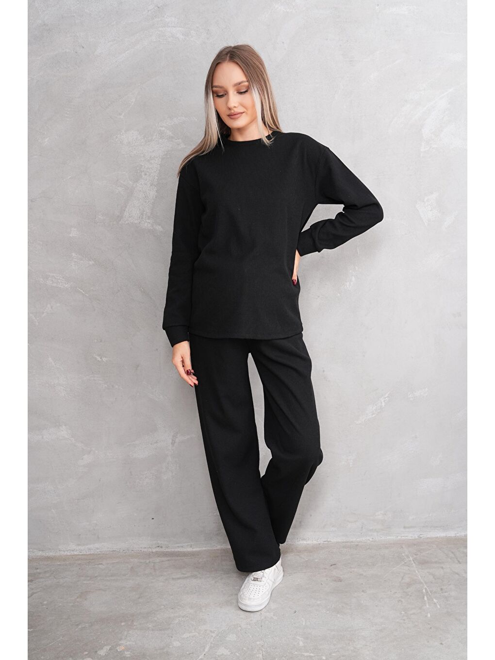 Siyah Hamile ve Lohusa Bisiklet Yaka Waffle Kumaş Alt Üst Eşofman Takımı-2