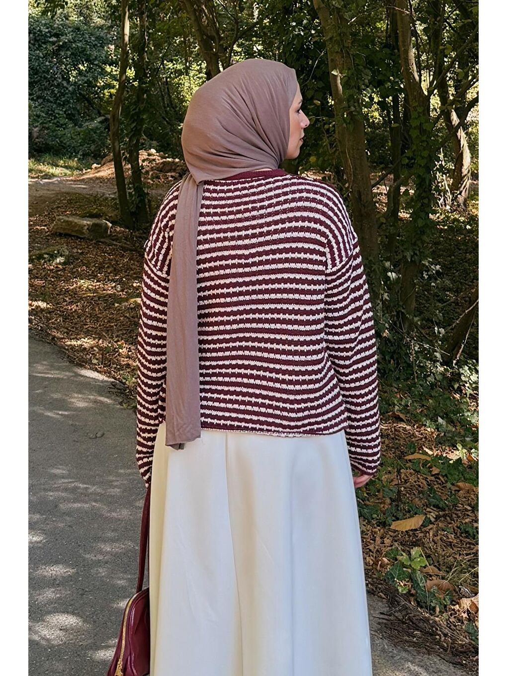 İnce Çizgili Triko Hırka Bordo-3