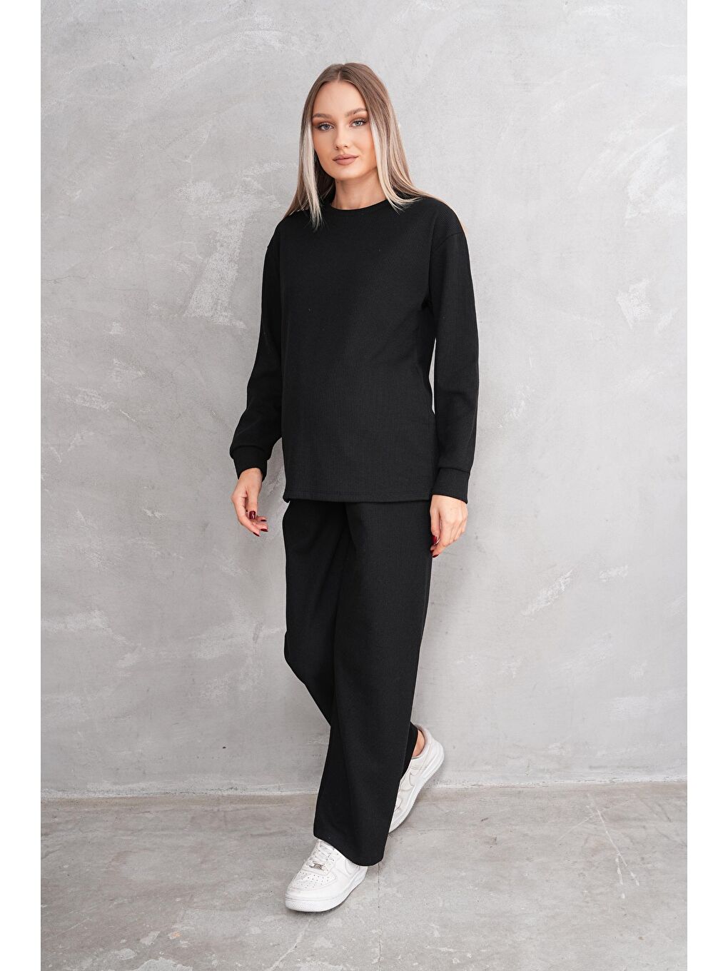 Siyah Hamile ve Lohusa Bisiklet Yaka Waffle Kumaş Alt Üst Eşofman Takımı-3