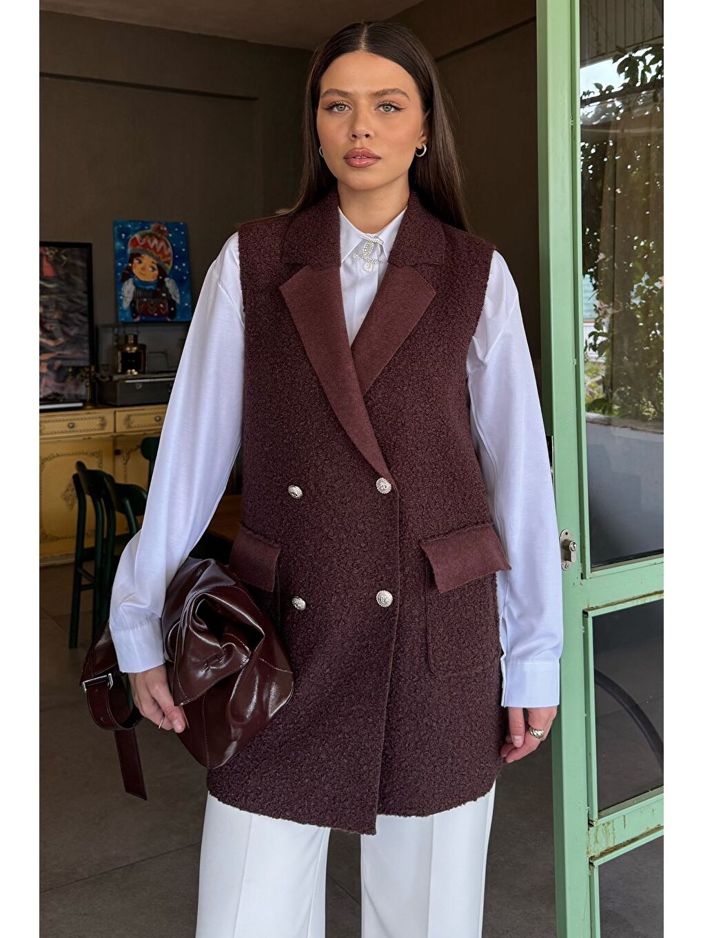 Kahverengi Kadın Buklet Yelek