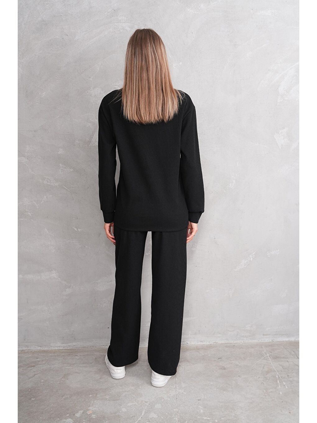 Siyah Hamile ve Lohusa Bisiklet Yaka Waffle Kumaş Alt Üst Eşofman Takımı-4