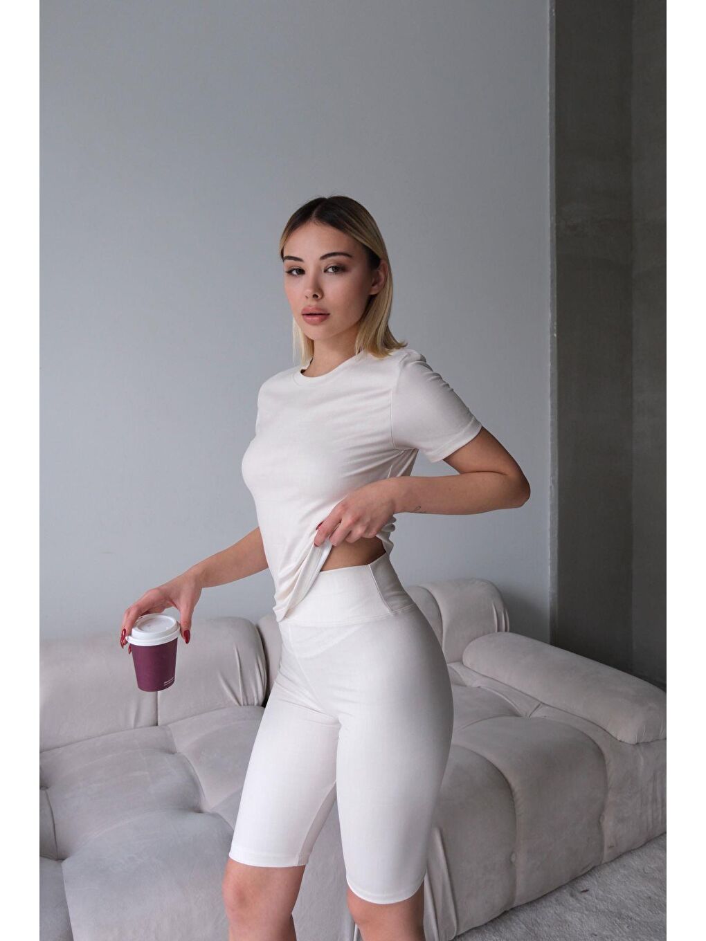 Yüksek Bel Soft Şort Bej-1