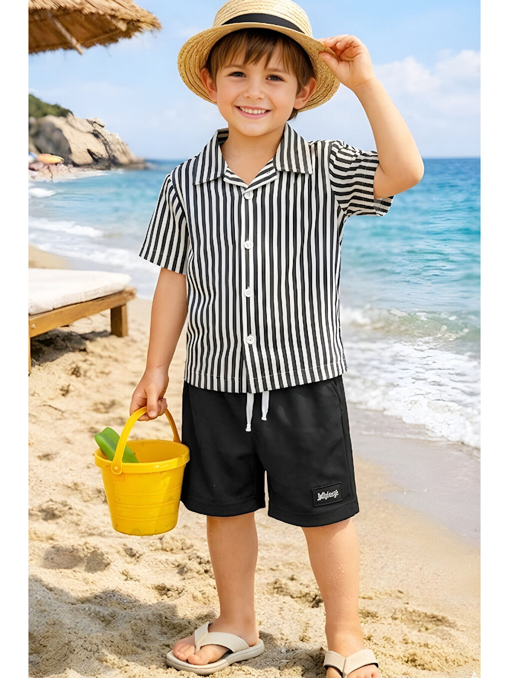 Siyah Erkek Çocuk Alt-Üst Takım (Waffle Gömlek+Ottoman Şort) 3-12 Yaş 12569HC