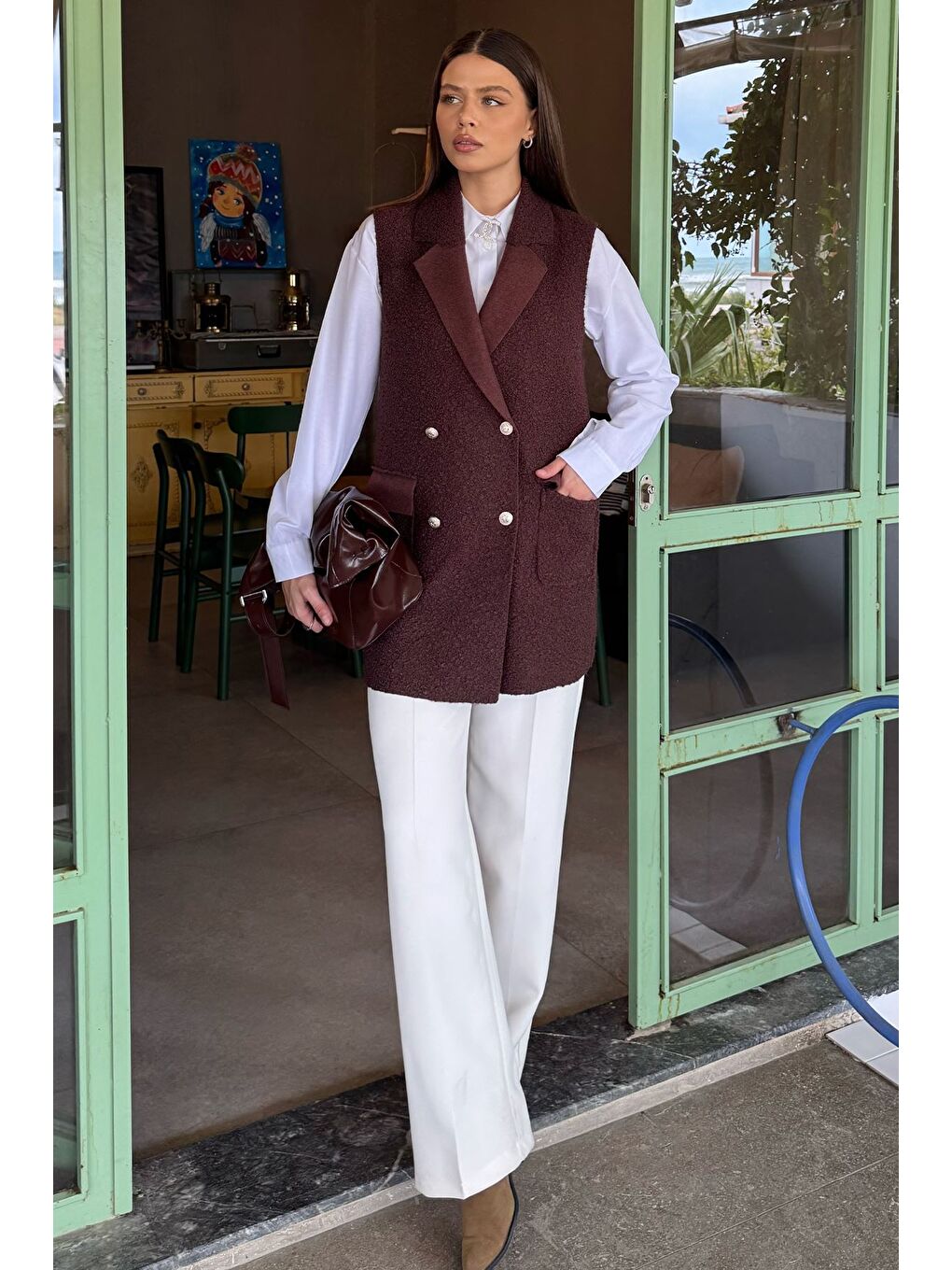 Kahverengi Kadın Buklet Yelek-1