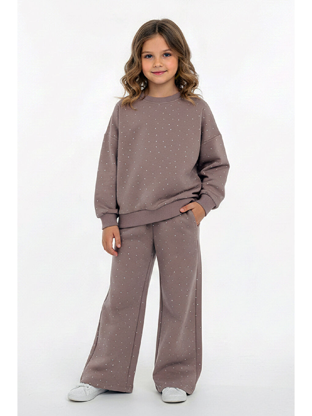 Kahverengi Kız Çocuk Taş Süslemeli-2 İplik-Şardonsuz Alt-Üst Takım-5 -12 Yaş 12424