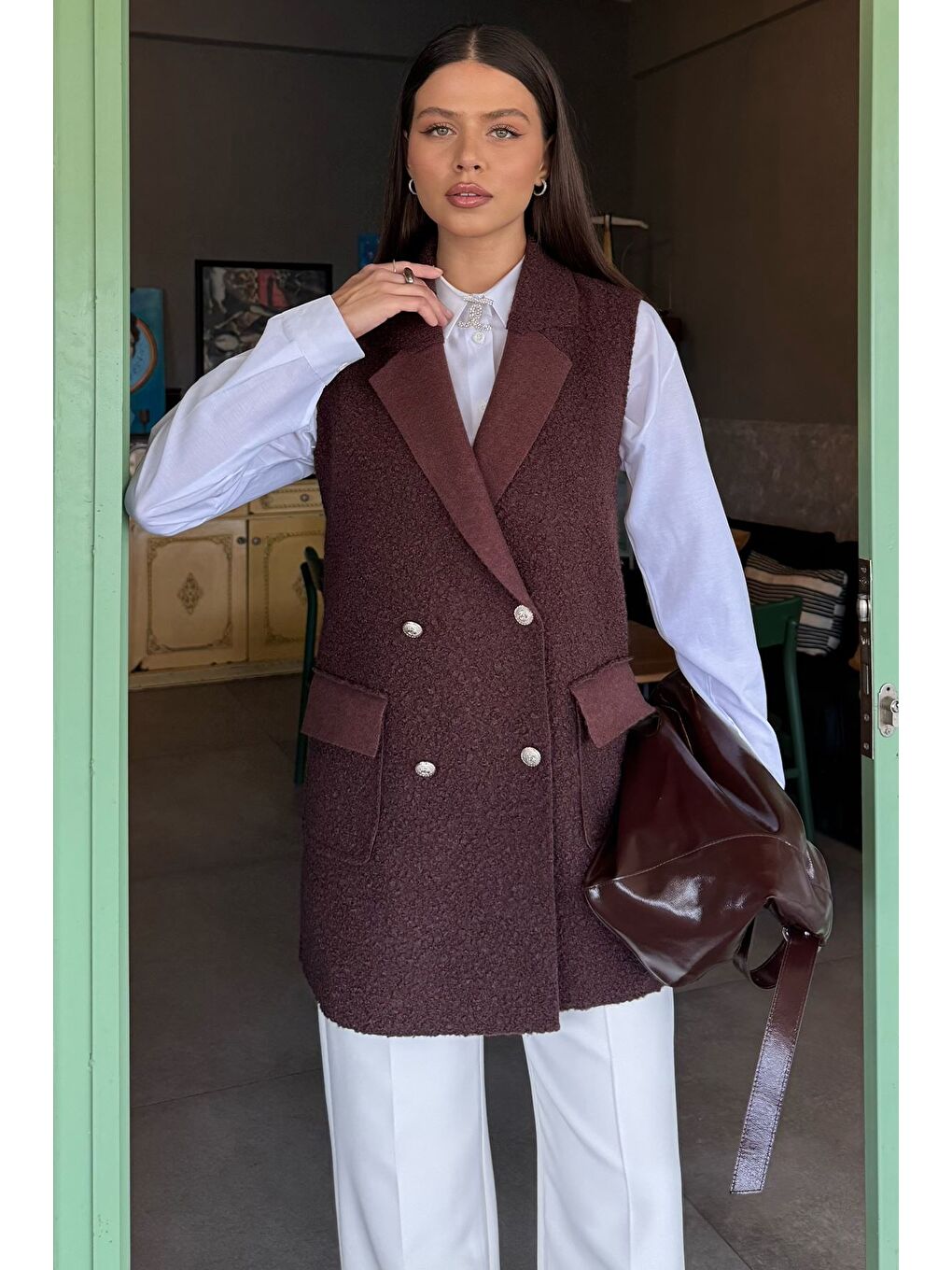 Kahverengi Kadın Buklet Yelek-2