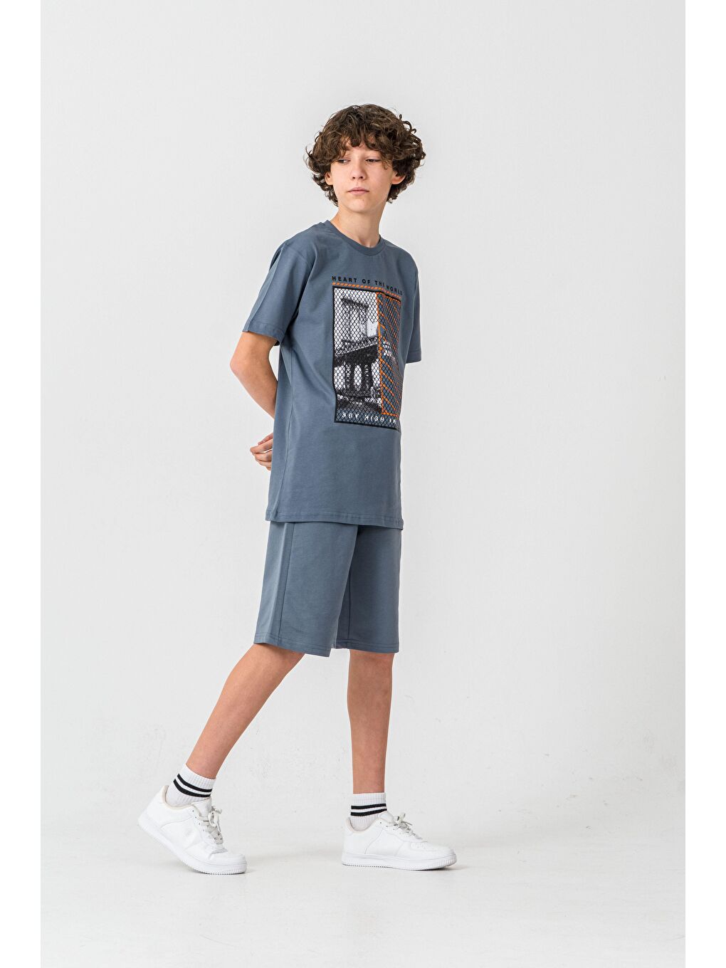 Gri Heart Of The World Baskılı Cep Altı New York Amazing City Baskılı Erkek Çocuk Şort - Tişört Takımı-2