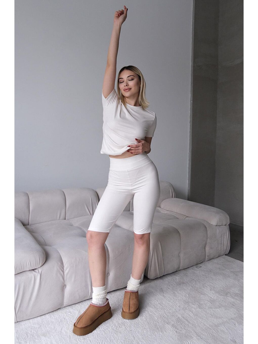 Yüksek Bel Soft Şort Bej-2