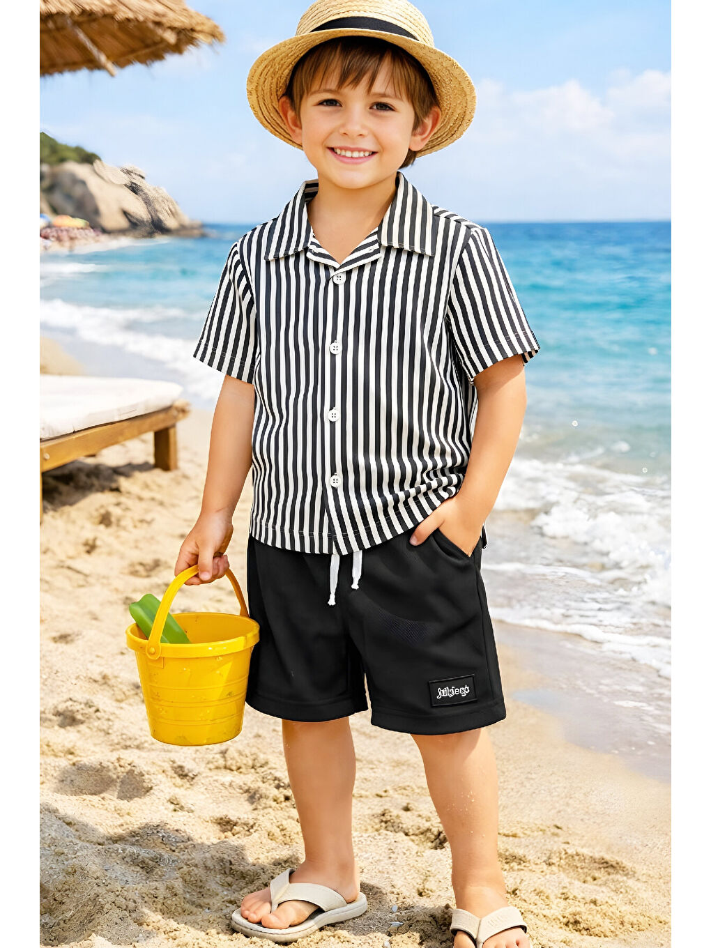 Siyah Erkek Çocuk Alt-Üst Takım (Waffle Gömlek+Ottoman Şort) 3-12 Yaş 12569HC-1