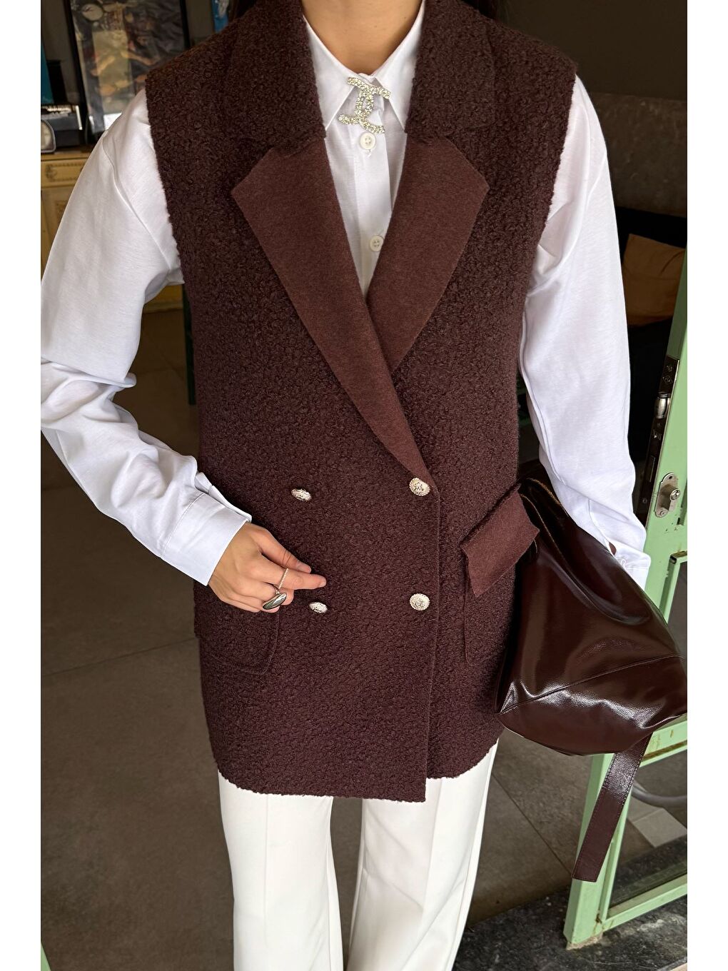 Kahverengi Kadın Buklet Yelek-3