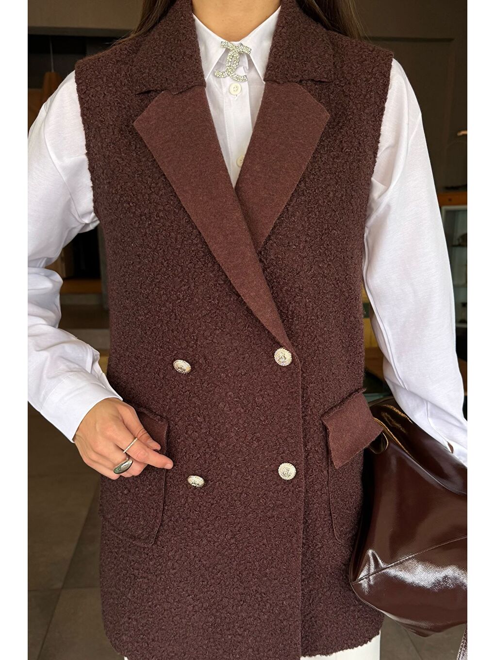 Kahverengi Kadın Buklet Yelek-4