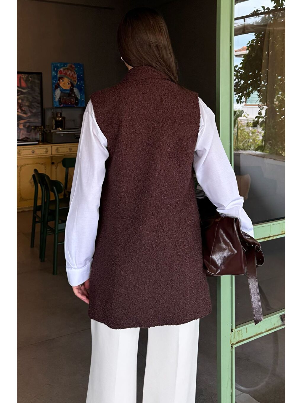 Kahverengi Kadın Buklet Yelek-5