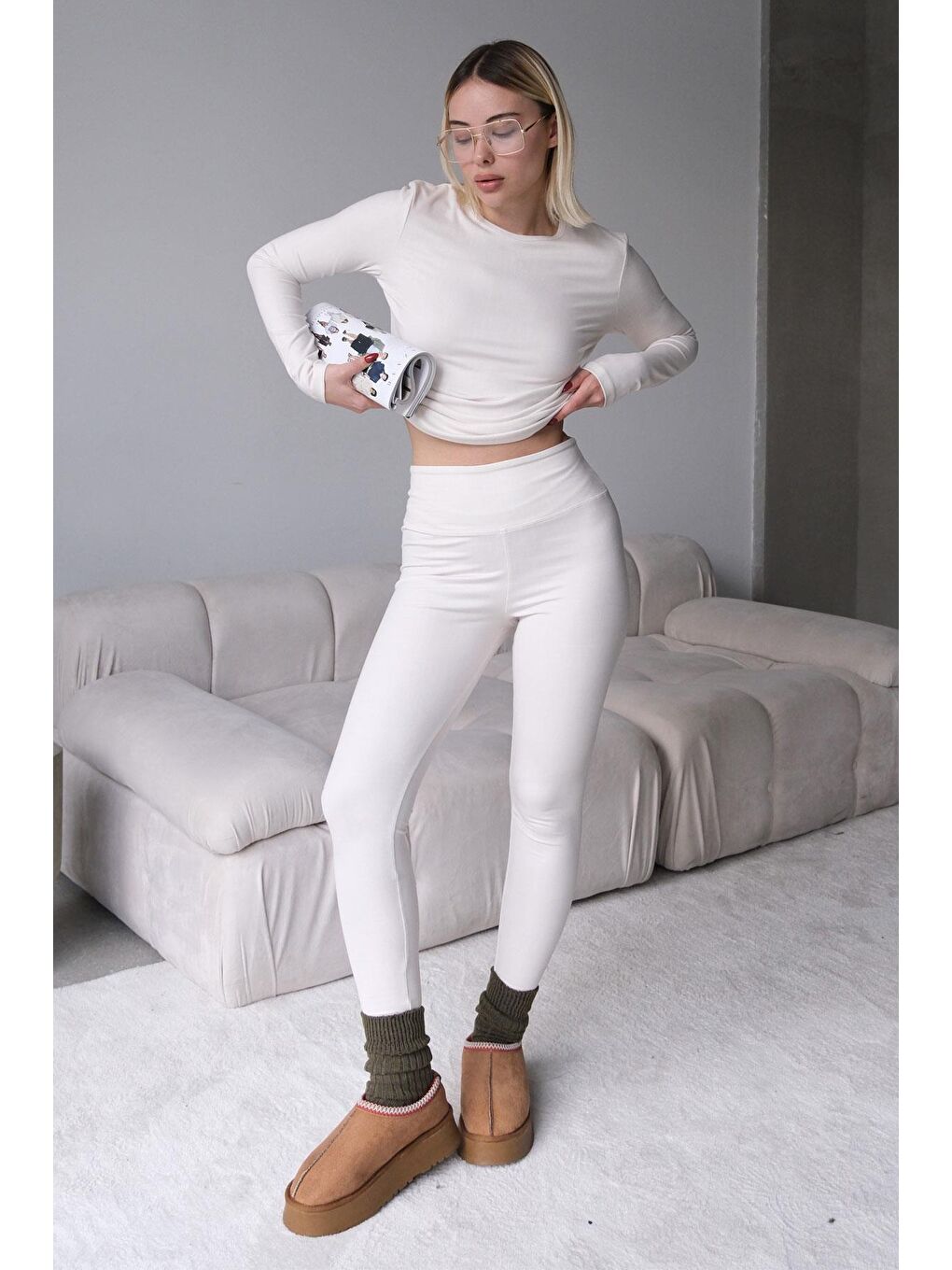 Yüksek Bel Soft Pantolon Bej-3