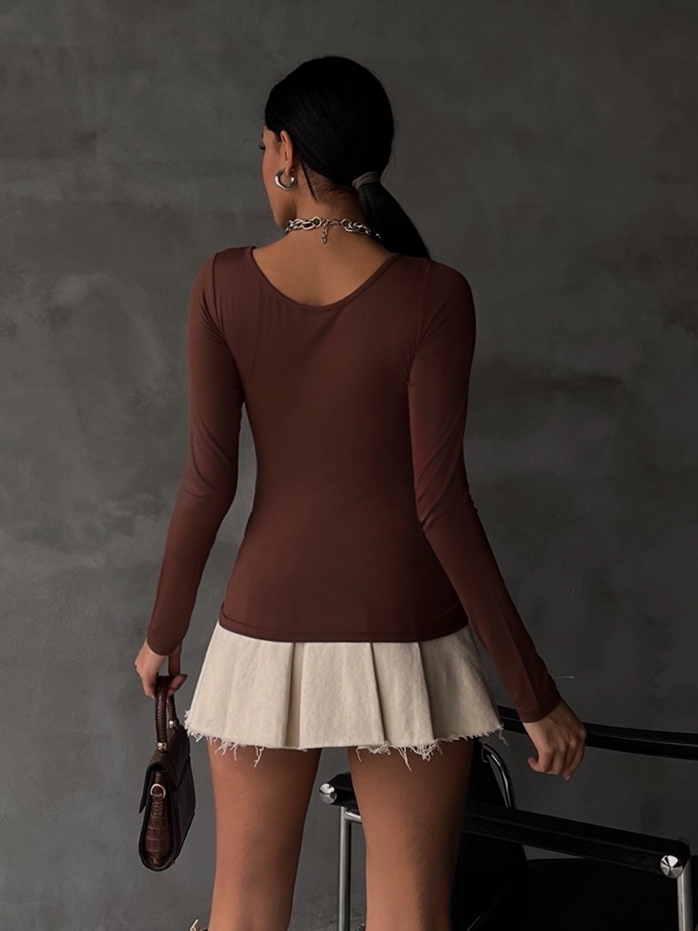 Kahverengi Kadın Acı Kahve Prenses Yaka Bluz-5