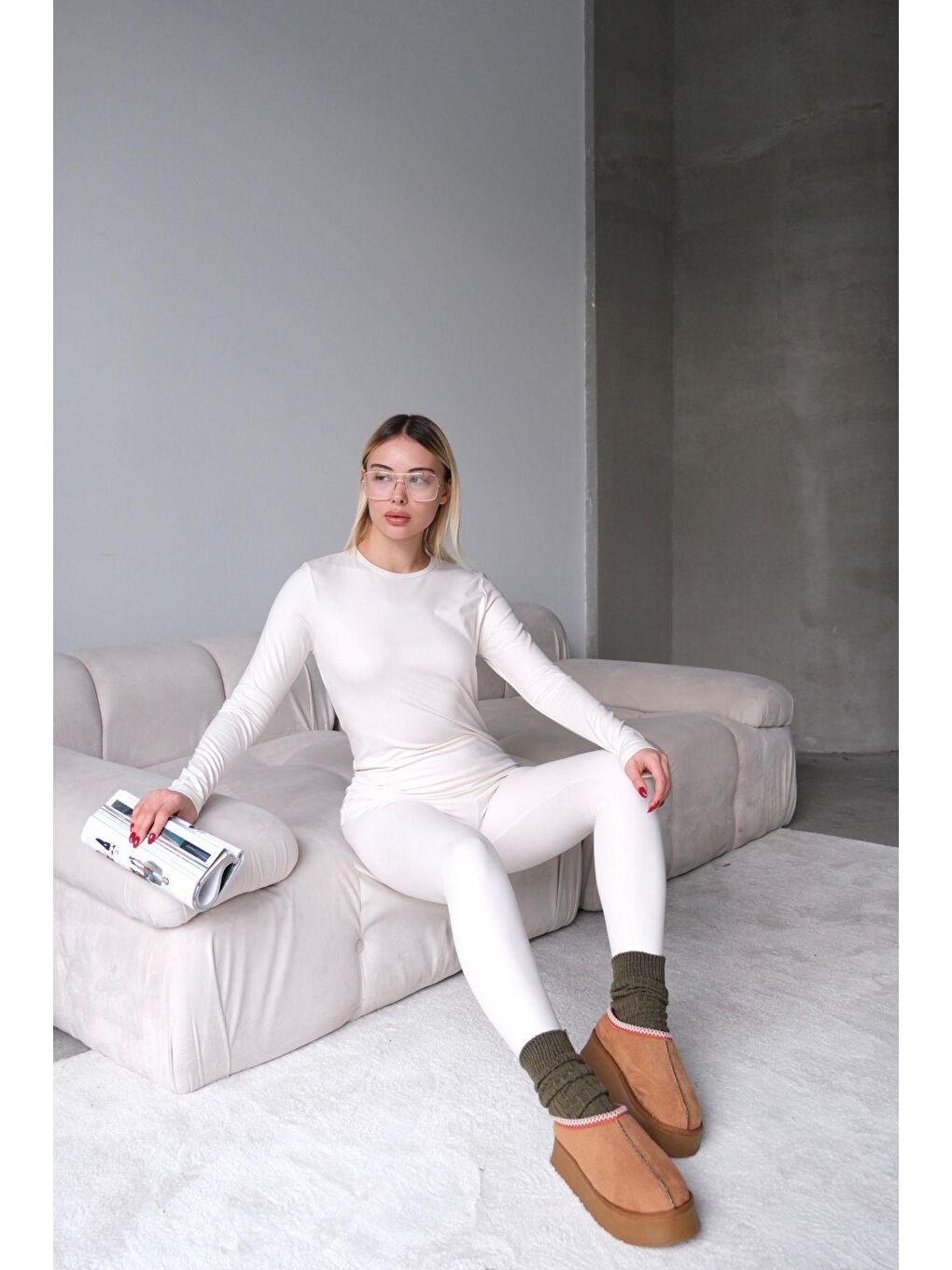 Yüksek Bel Soft Pantolon Bej-4