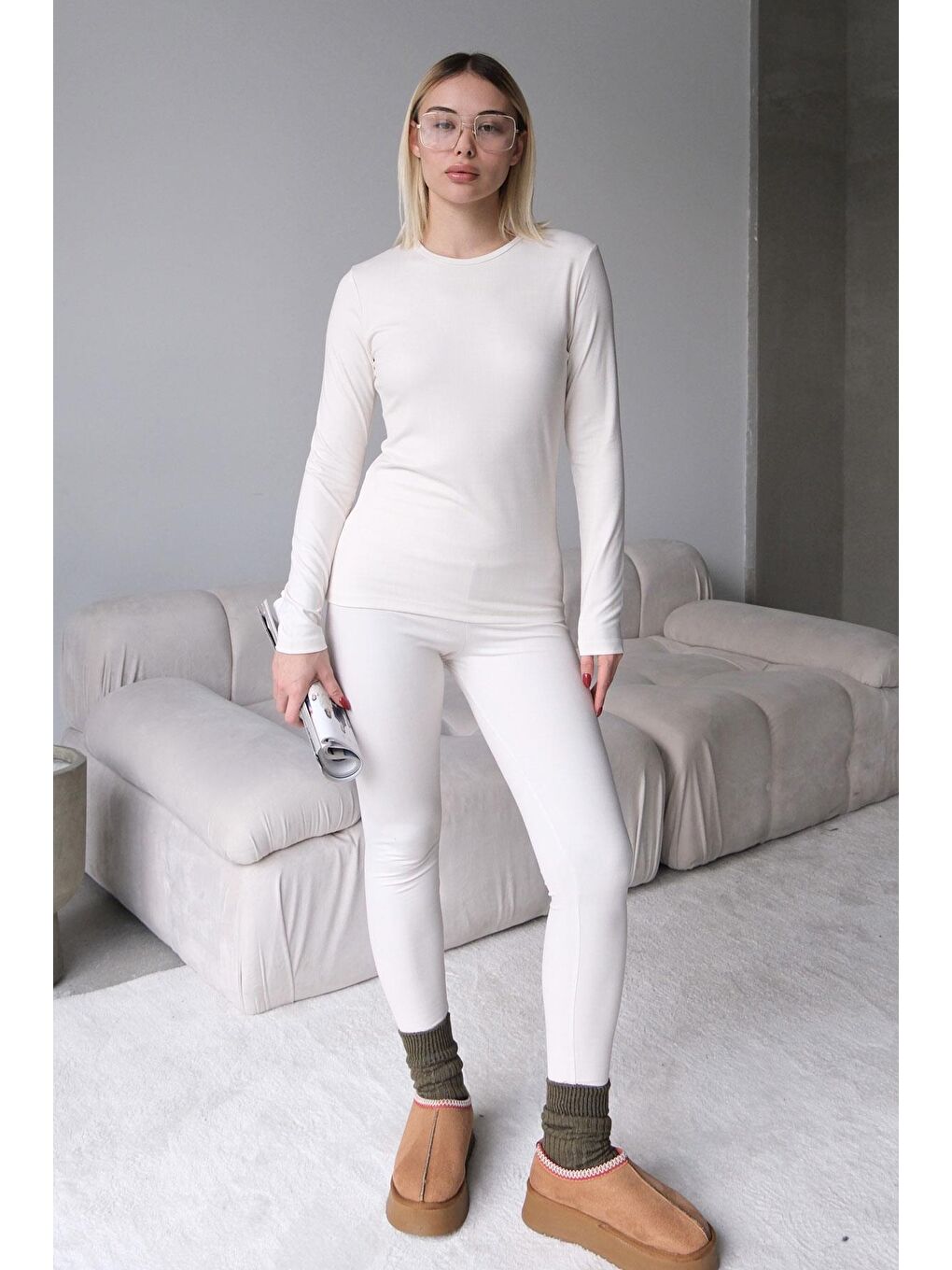 Yüksek Bel Soft Pantolon Bej-5