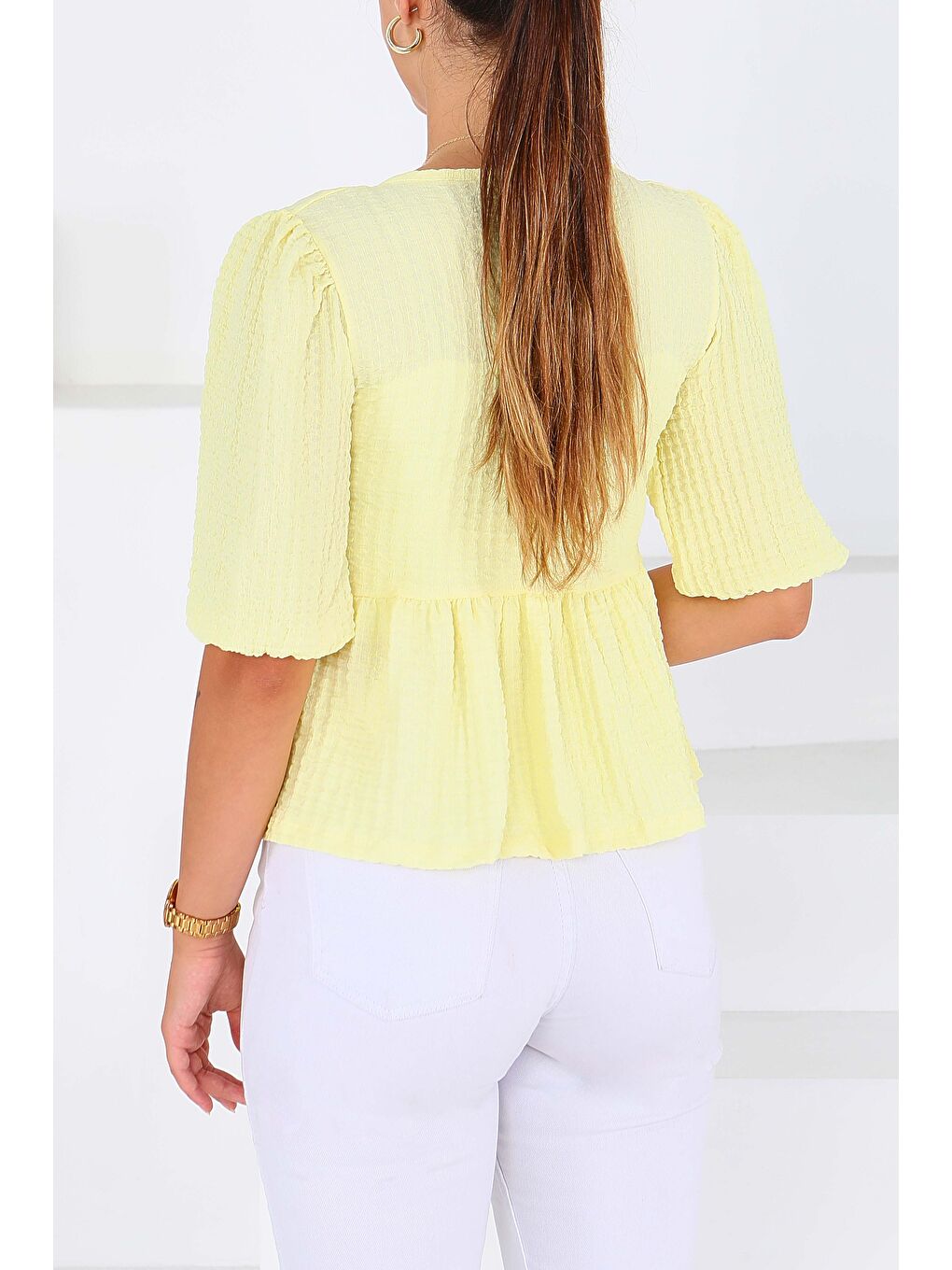 Sarı Buffle Kısa Kollu Bluz Sari - 27538-3