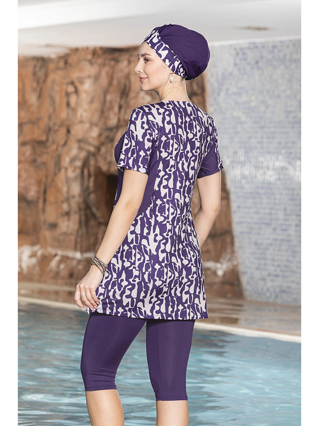 Kadın Mor Krem Desenli Kısa Kol Yarı Kapalı Taytlı Mayo HZL25S-AR1156/178-1