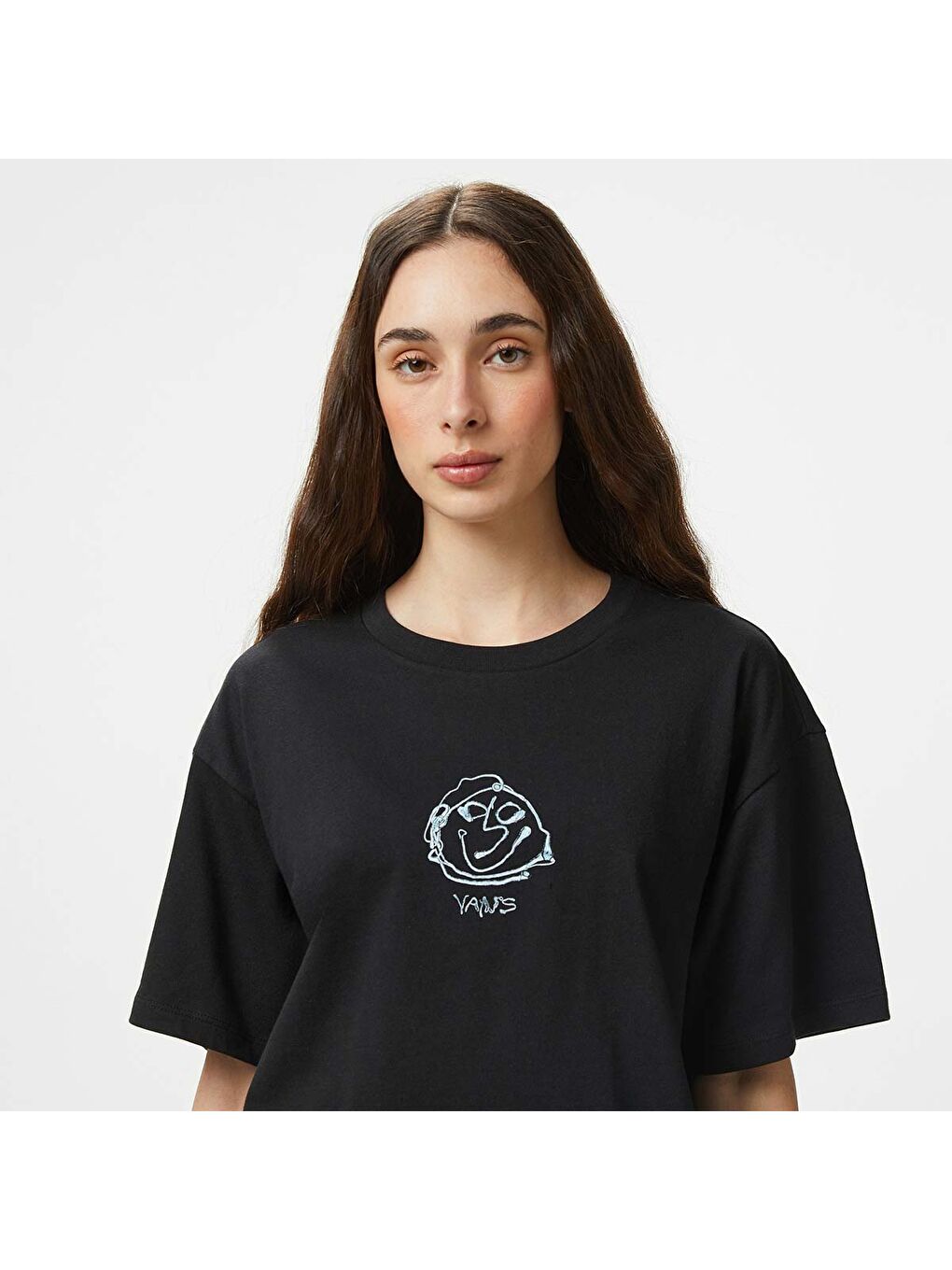 Grinning Face Relax Crop Kadın Siyah Tişört-3