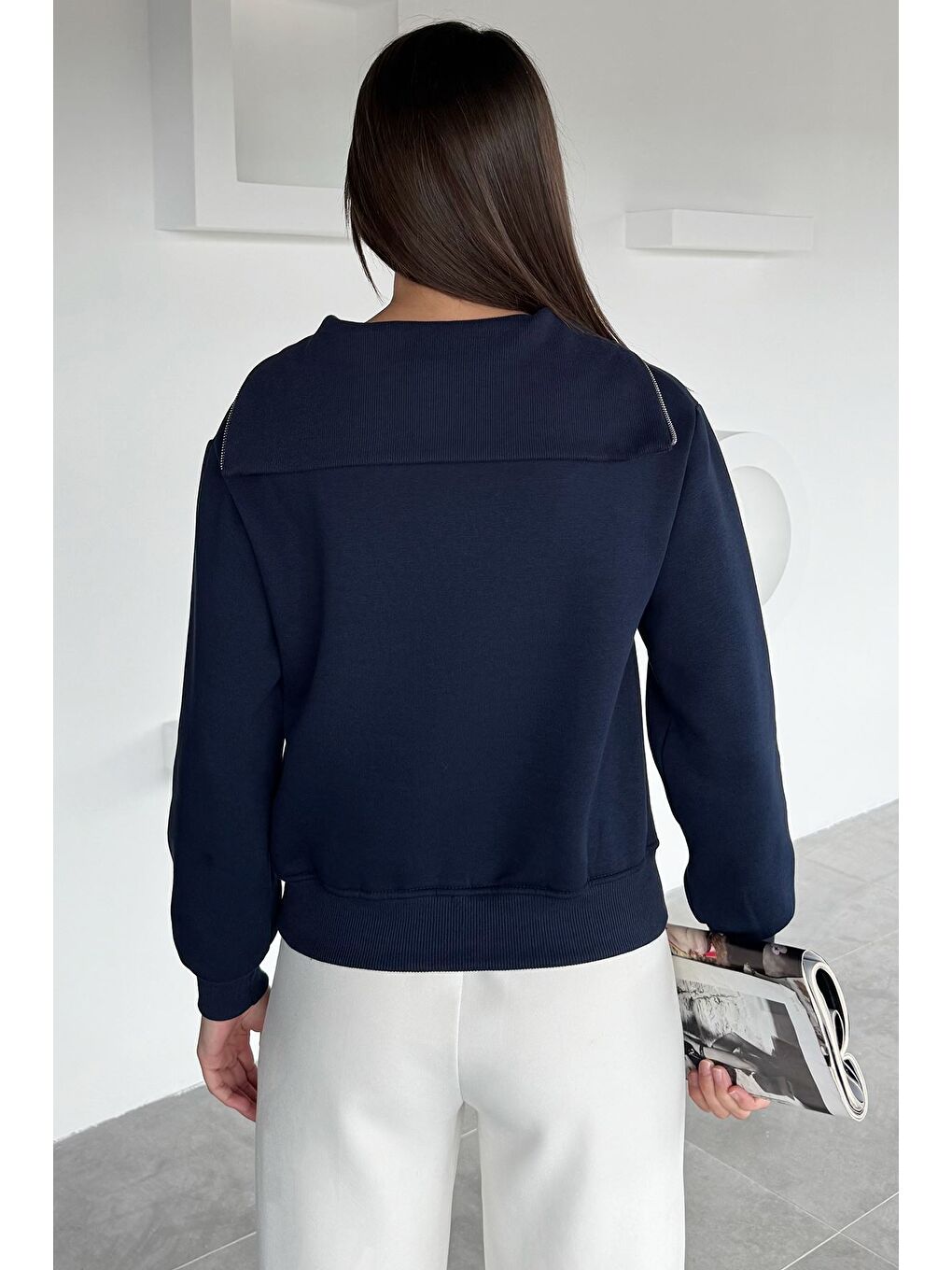 Lacivert Kadın Yarım Fermuarlı Metal Aksesuarlı Şardonlu Sweatshirt-3